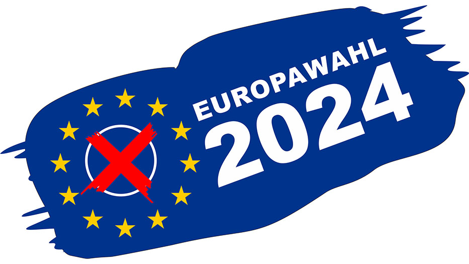 Der Sternenkranz der EU in einer blauen Wolke. Im Sternenkranz ein Kreis mit roten Kreuz als Zeichen einer Wahl. Rechts der Schriftzug Europawahl 2024